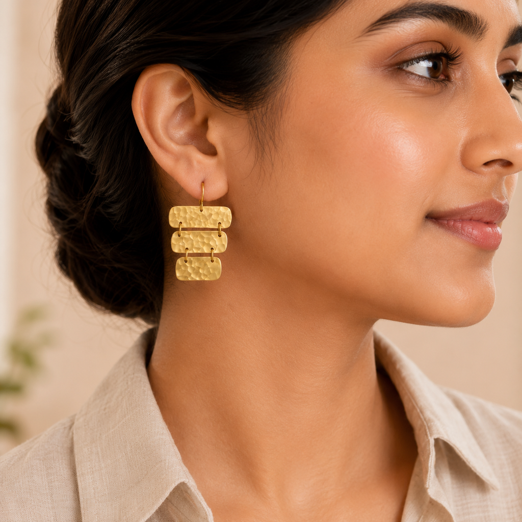 ANUVA Hammered Brass Cascading Panel Dangle Earrings Boho Gold