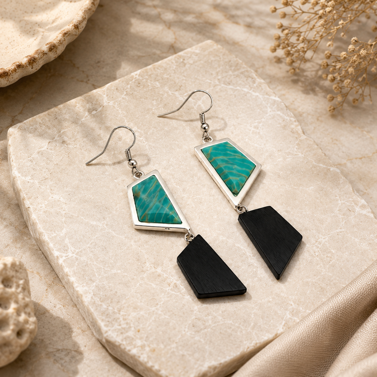 ANUVA Turquoise Stone & Black Wood Geometric Dangle Earrings