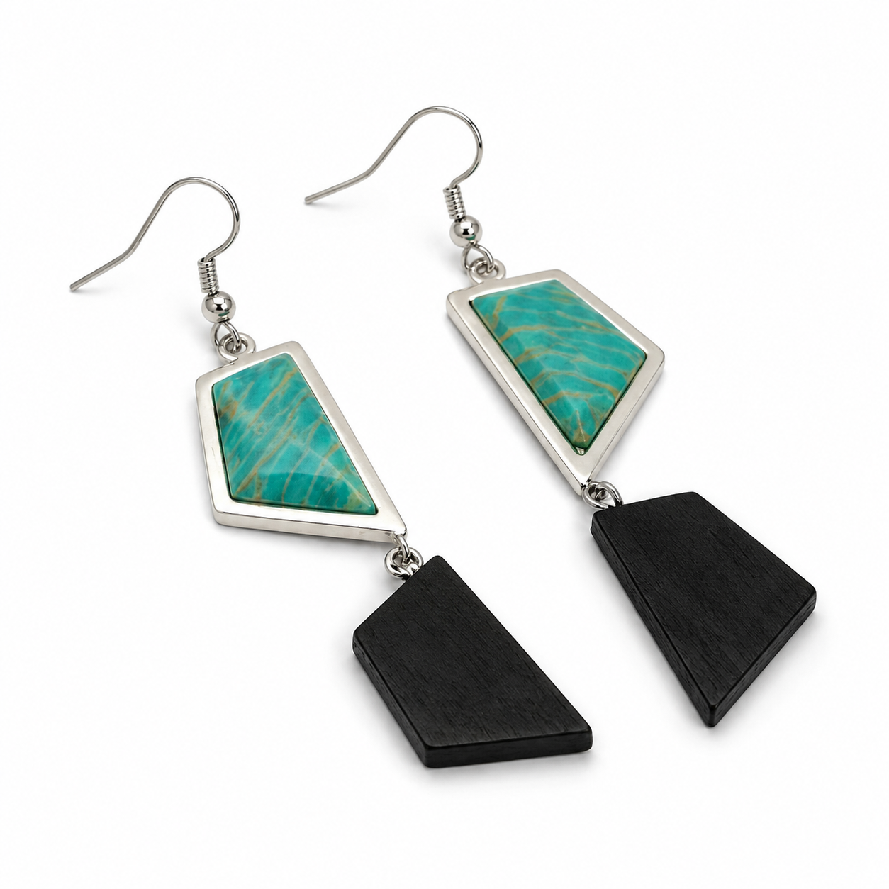 ANUVA Turquoise Stone & Black Wood Geometric Dangle Earrings