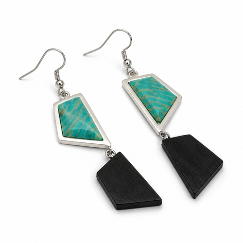 ANUVA Turquoise Stone & Black Wood Geometric Dangle Earrings