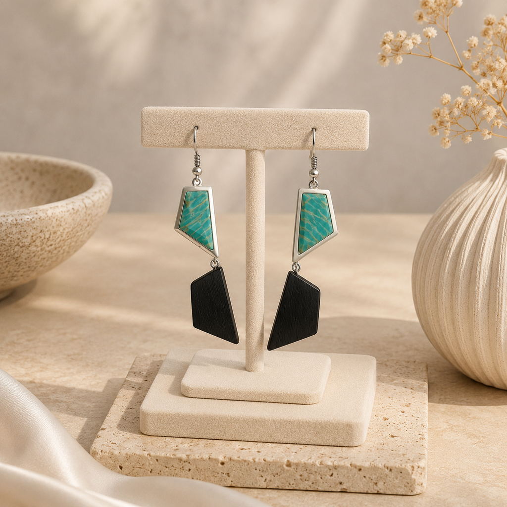 ANUVA Turquoise Stone & Black Wood Geometric Dangle Earrings