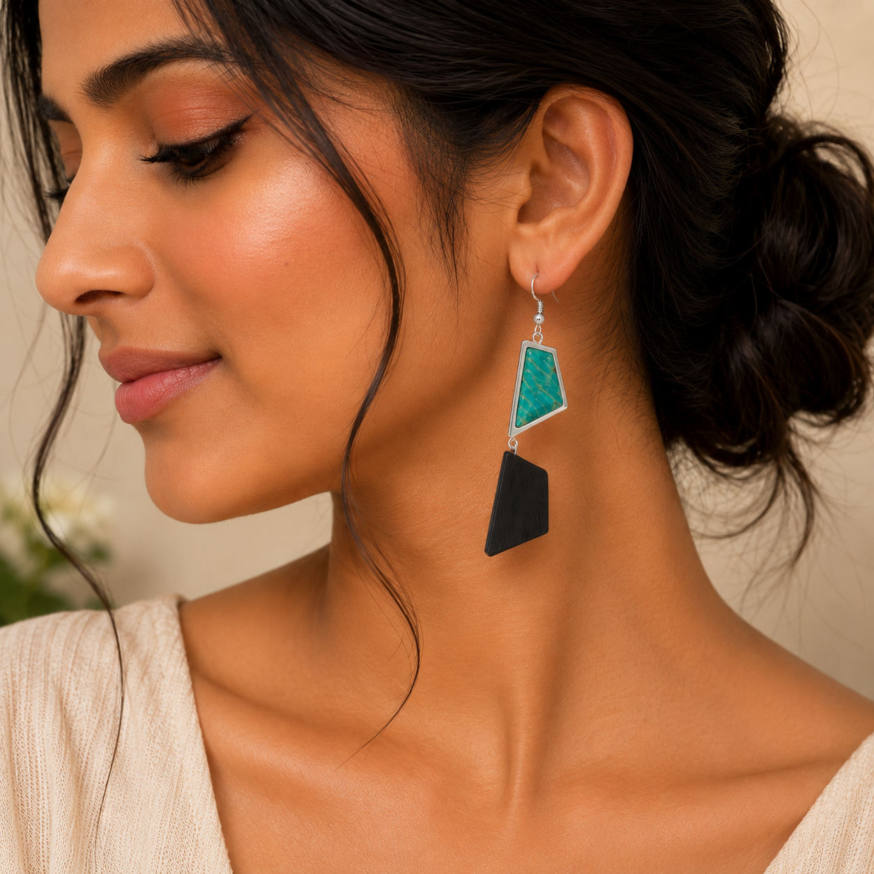 ANUVA Turquoise Stone & Black Wood Geometric Dangle Earrings