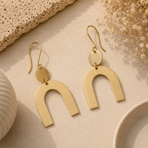 ANUVA Brass Arch & Disc Drop Earrings Modern Minimal Handmade