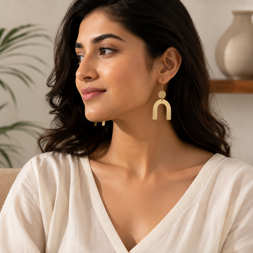 ANUVA Brass Arch & Disc Drop Earrings Modern Minimal Handmade