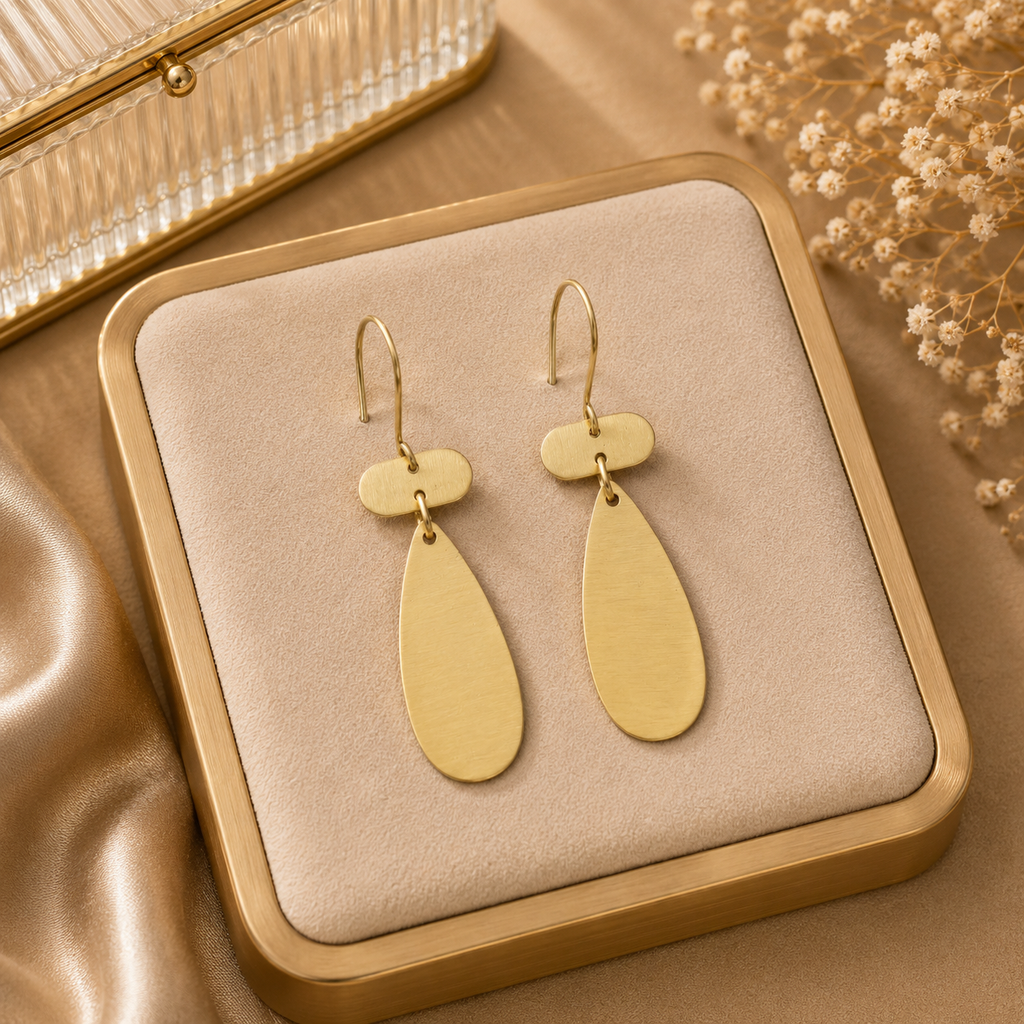 ANUVA Brass Disc & Teardrop Drop Earrings Sleek Everyday Shine