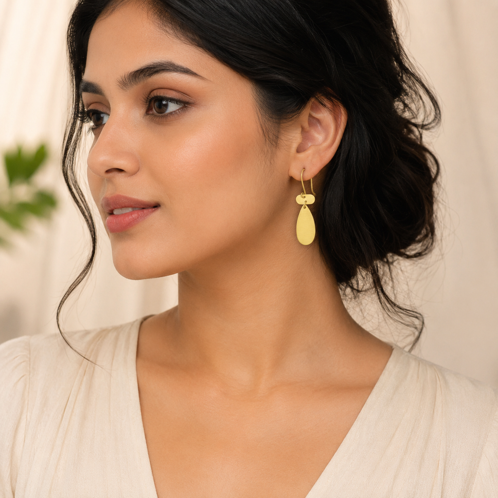 ANUVA Brass Disc & Teardrop Drop Earrings Sleek Everyday Shine