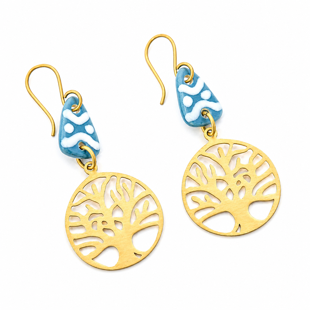 ANUVA Tree of Life Brass Earrings with Teal Ceramic Accent Boho