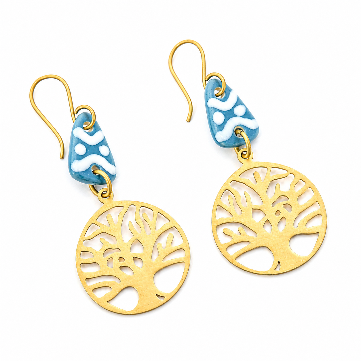 ANUVA Tree of Life Brass Earrings with Teal Ceramic Accent Boho