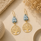 ANUVA Tree of Life Brass Earrings with Teal Ceramic Accent Boho