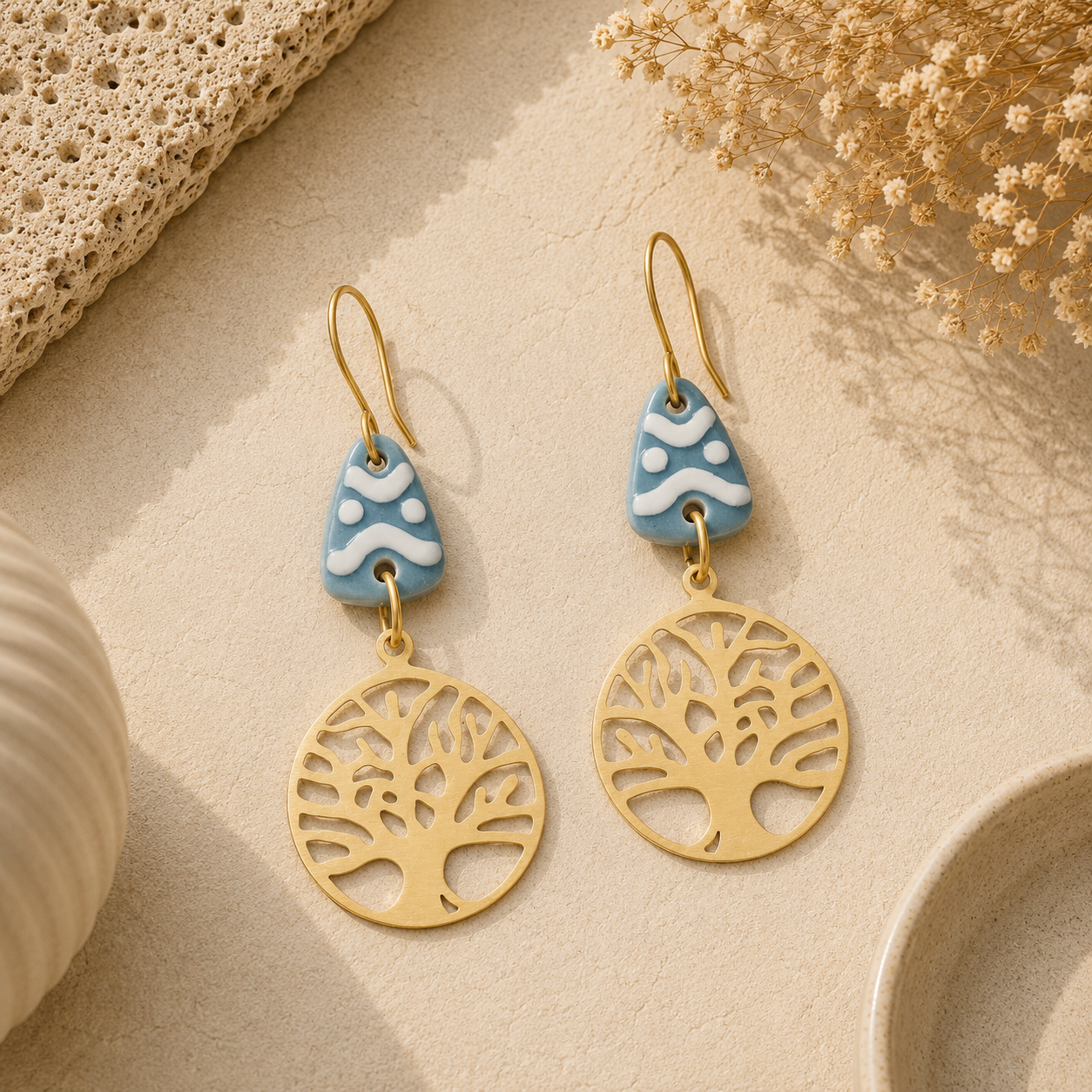 ANUVA Tree of Life Brass Earrings with Teal Ceramic Accent Boho