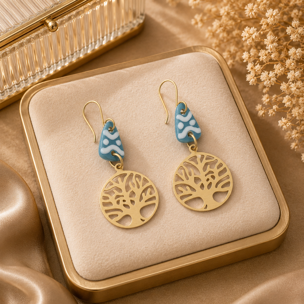 ANUVA Tree of Life Brass Earrings with Teal Ceramic Accent Boho
