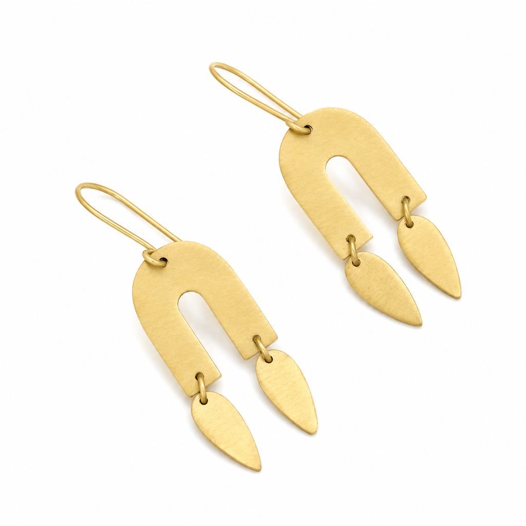 ANUVA Brass Arch Earrings with Twin Petal Drops Statement Boho