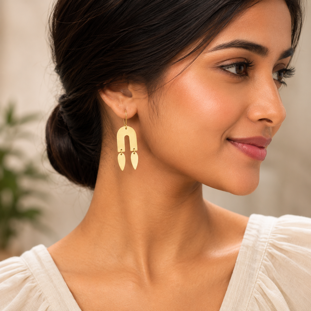 ANUVA Brass Arch Earrings with Twin Petal Drops Statement Boho