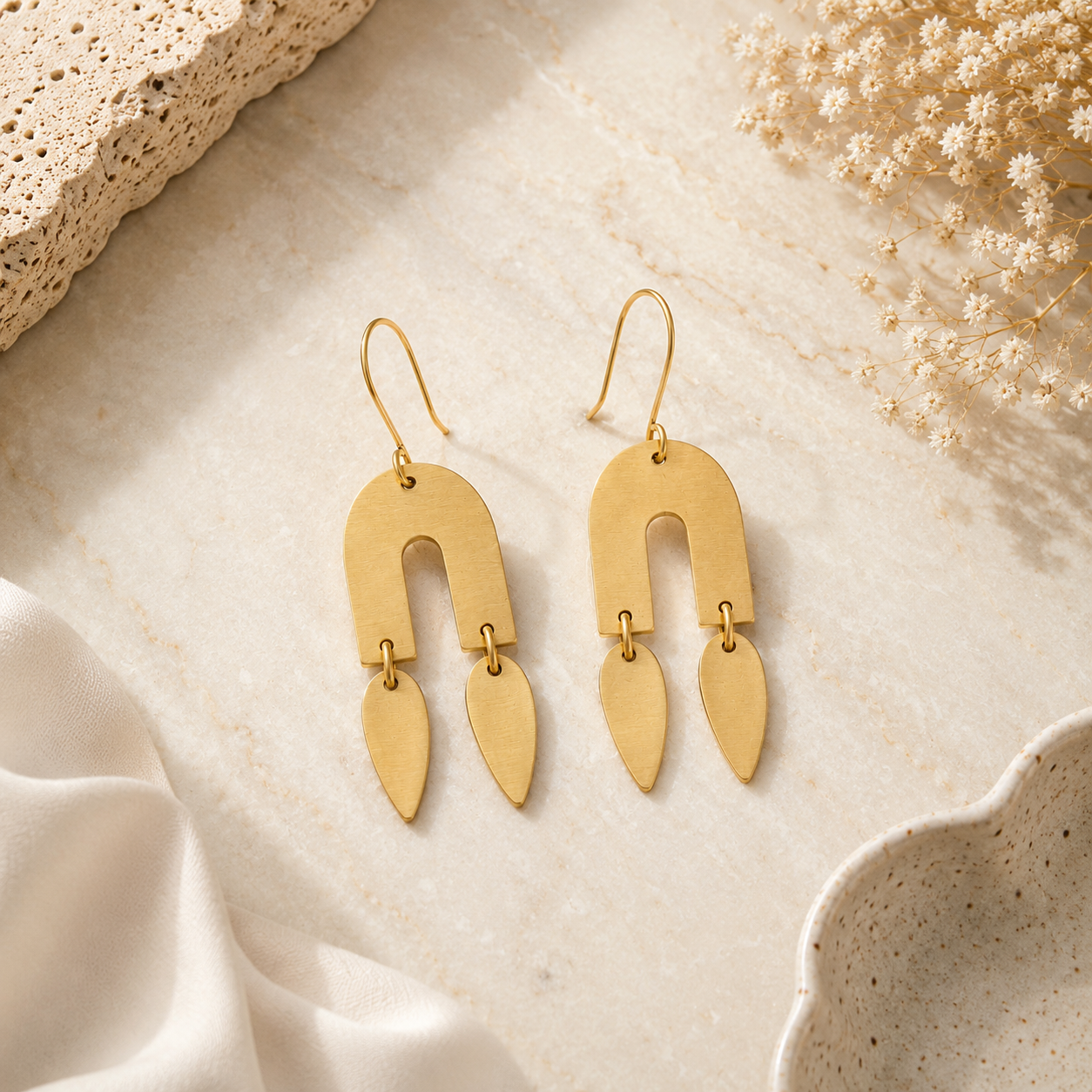 ANUVA Brass Arch Earrings with Twin Petal Drops Statement Boho
