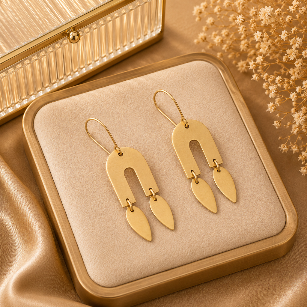 ANUVA Brass Arch Earrings with Twin Petal Drops Statement Boho
