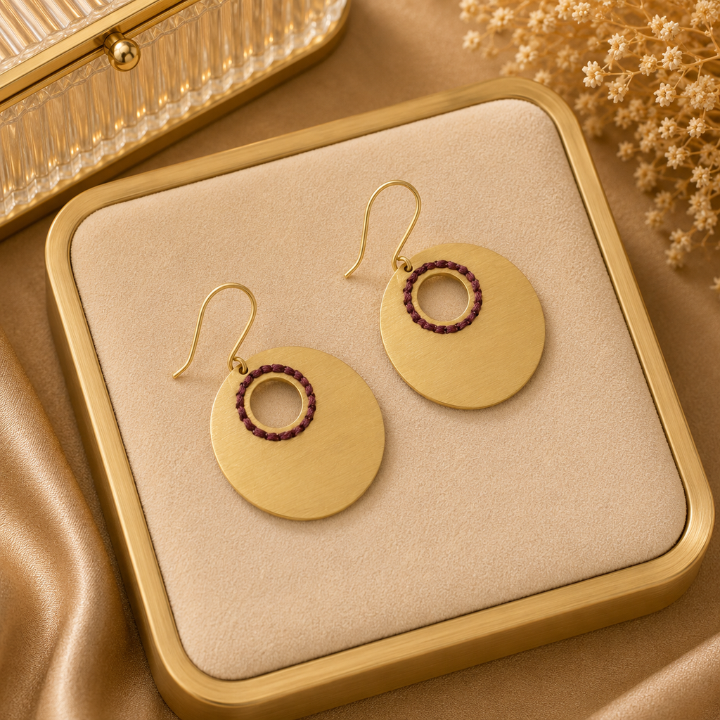 ANUVA Brass Oval Earrings with Red Thread Ring Artisan Detail