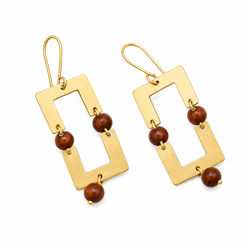 ANUVA Brass Open Rectangle Earrings with Wood Bead Drops