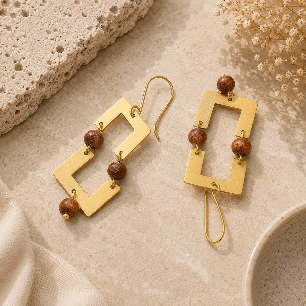ANUVA Brass Open Rectangle Earrings with Wood Bead Drops