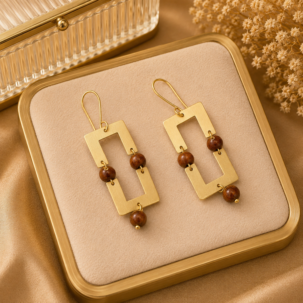 ANUVA Brass Open Rectangle Earrings with Wood Bead Drops