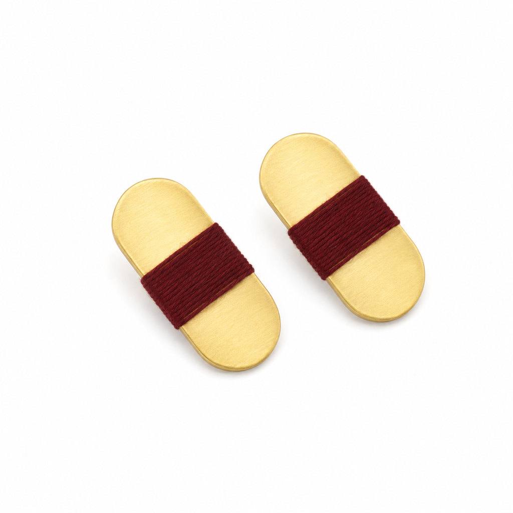 ANUVA Brass Capsule Earrings with Burgundy Thread Wrap Minimal