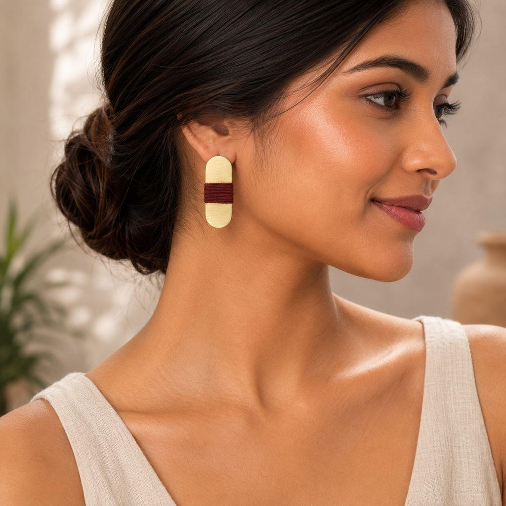 ANUVA Brass Capsule Earrings with Burgundy Thread Wrap Minimal