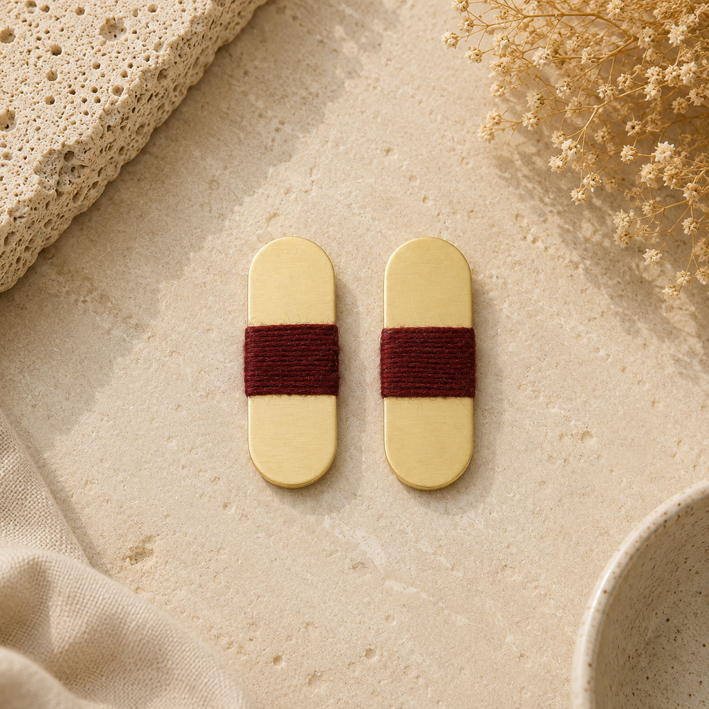 ANUVA Brass Capsule Earrings with Burgundy Thread Wrap Minimal