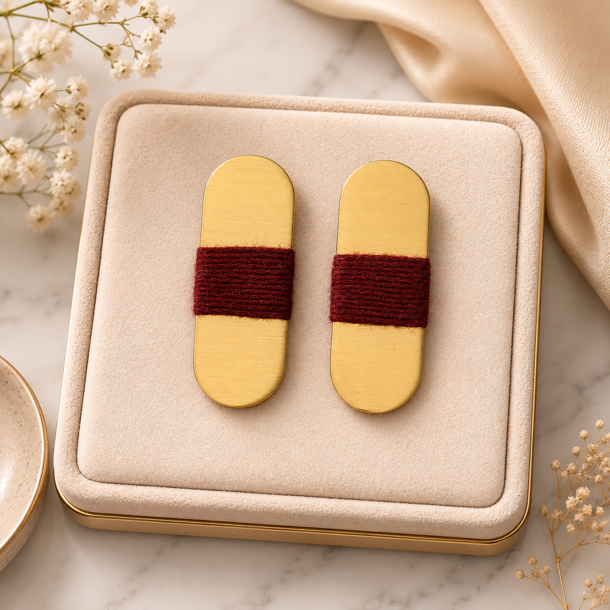 ANUVA Brass Capsule Earrings with Burgundy Thread Wrap Minimal