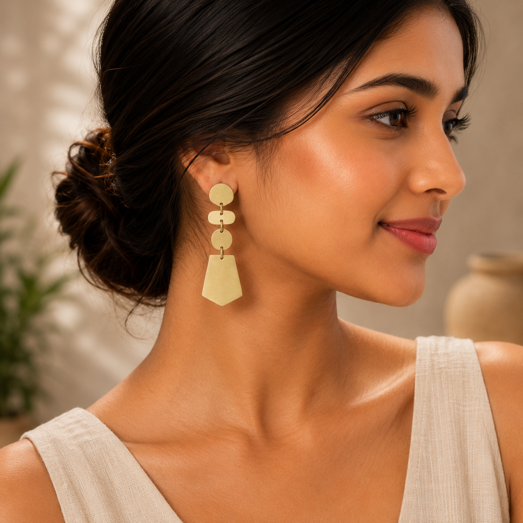 ANUVA Brass Disc Chain & Shield Drop Earrings Geometric Look