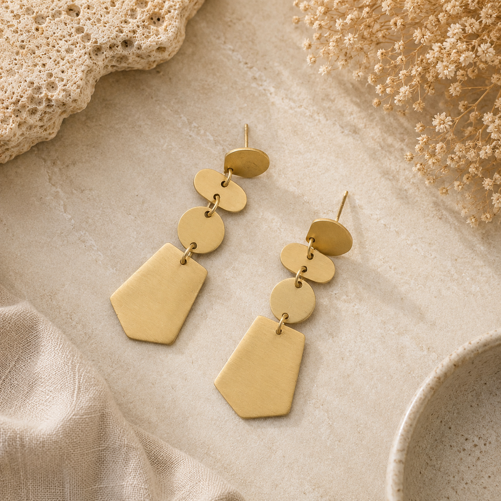 ANUVA Brass Disc Chain & Shield Drop Earrings Geometric Look