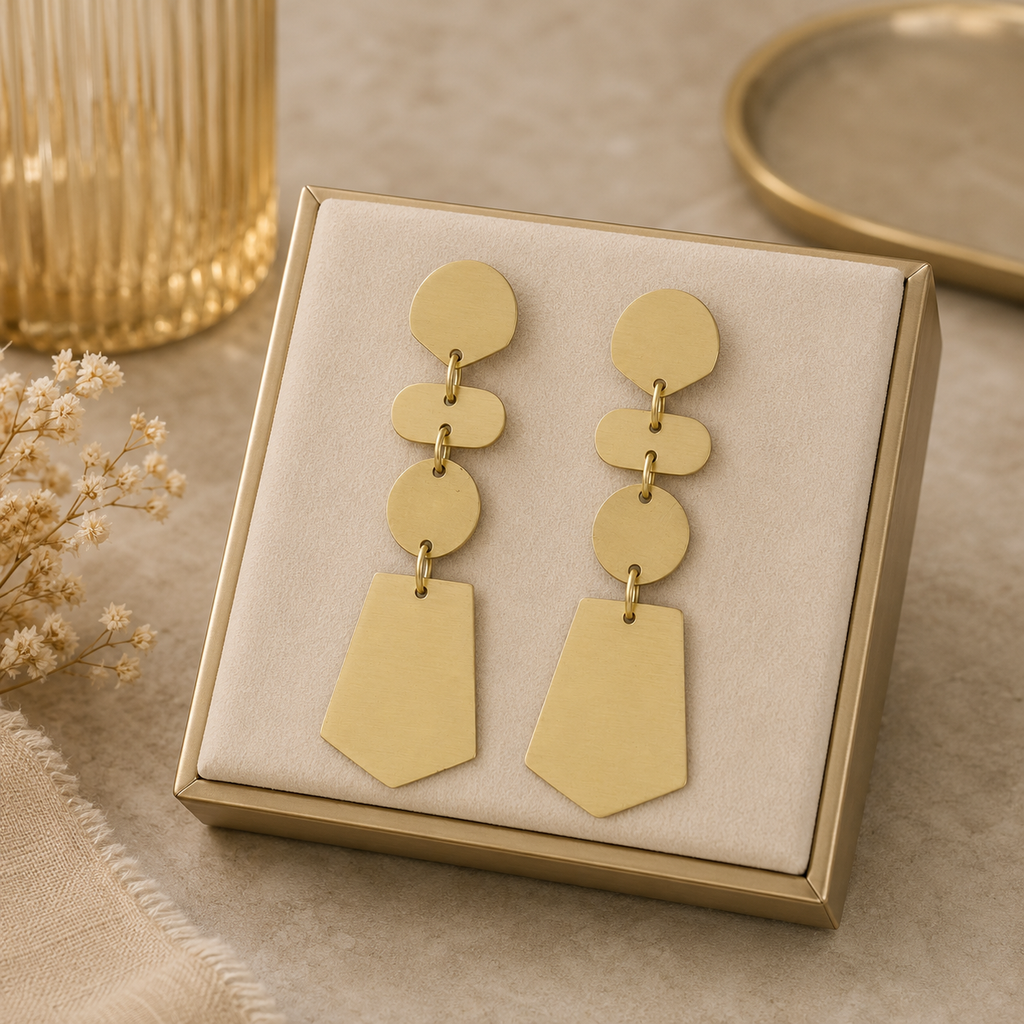 ANUVA Brass Disc Chain & Shield Drop Earrings Geometric Look