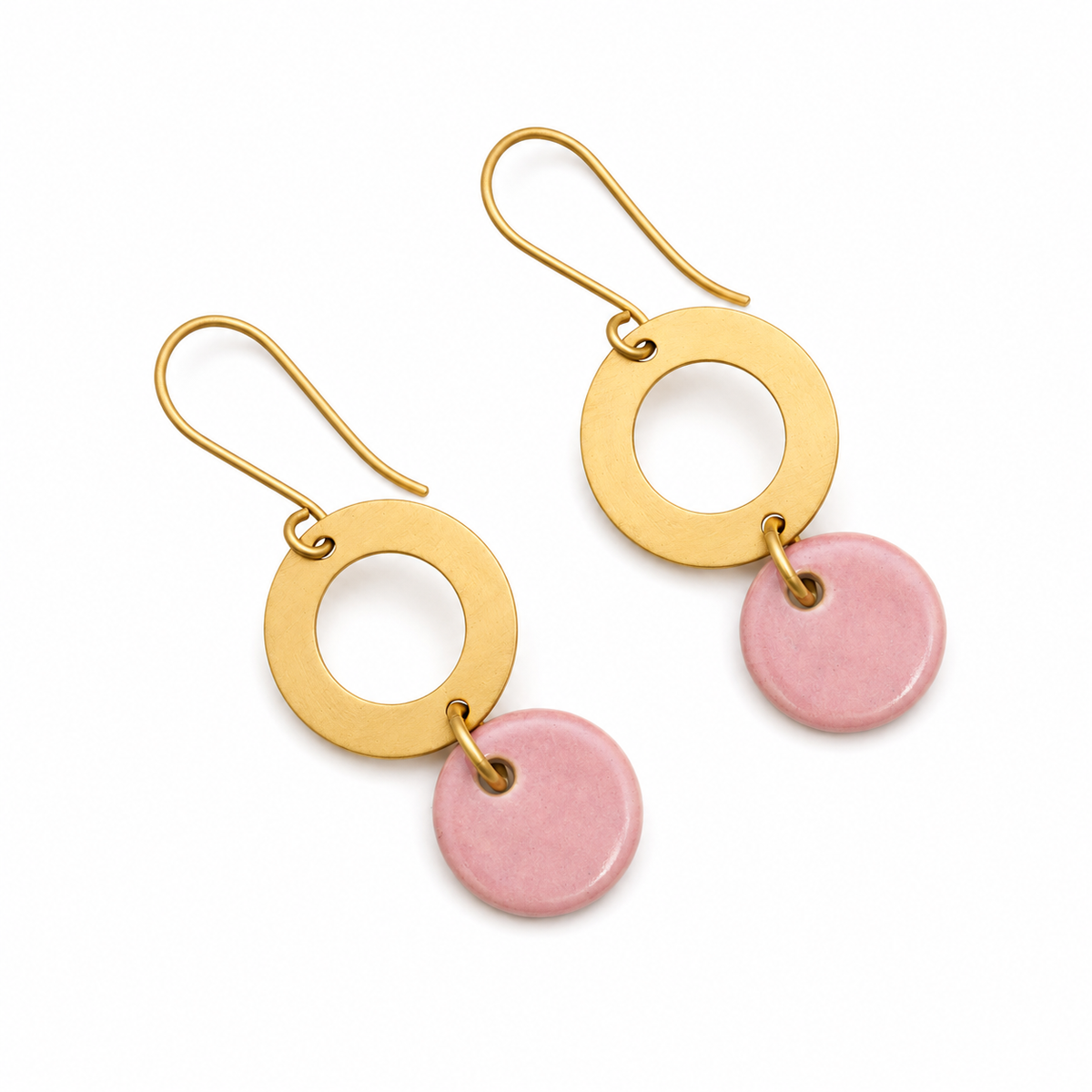 ANUVA Brass Ring & Pink Ceramic Disc Drop Earrings Modern Charm