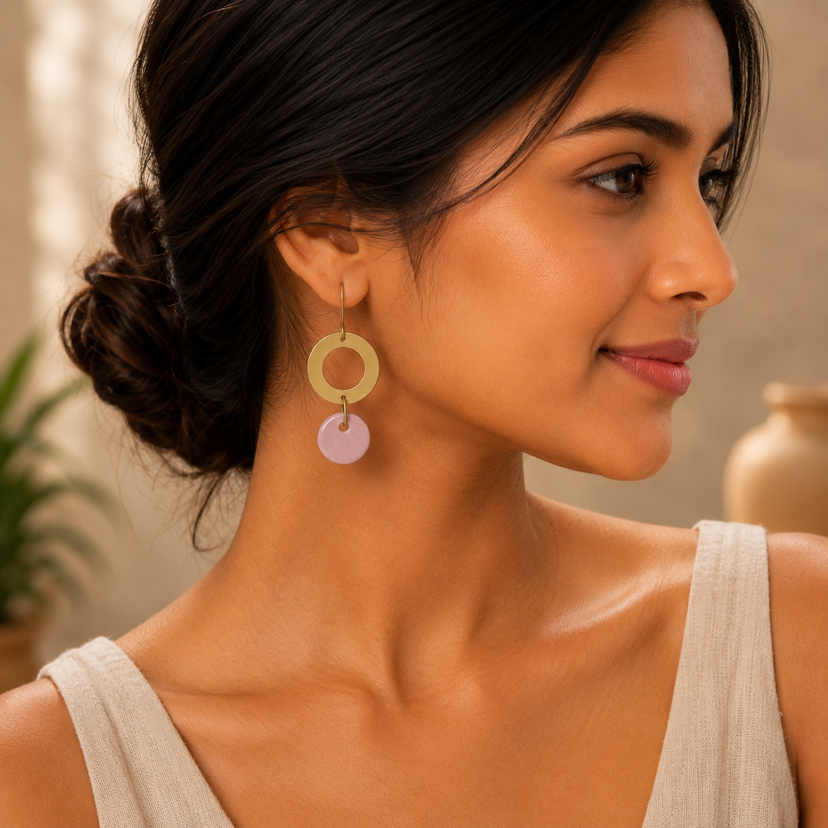 ANUVA Brass Ring & Pink Ceramic Disc Drop Earrings Modern Charm