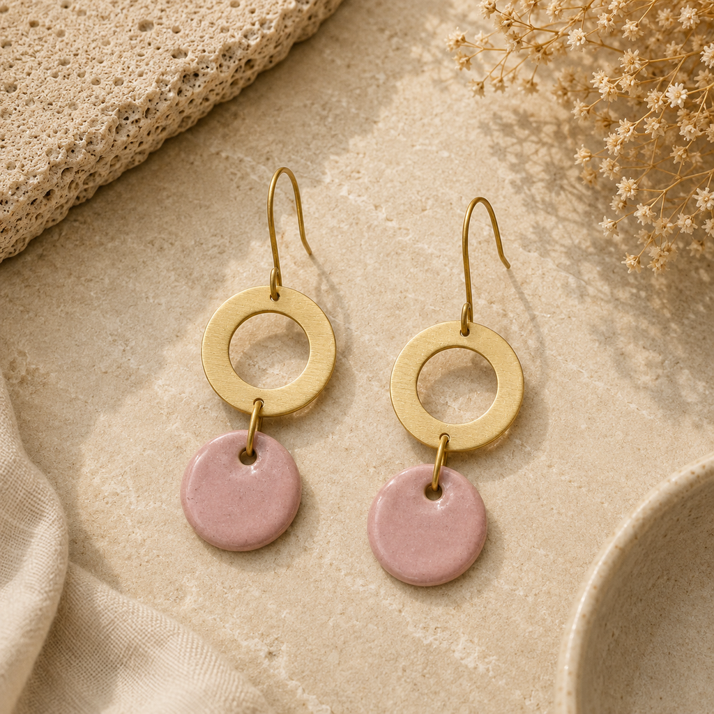 ANUVA Brass Ring & Pink Ceramic Disc Drop Earrings Modern Charm