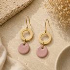 ANUVA Brass Ring & Pink Ceramic Disc Drop Earrings Modern Charm