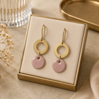 ANUVA Brass Ring & Pink Ceramic Disc Drop Earrings Modern Charm