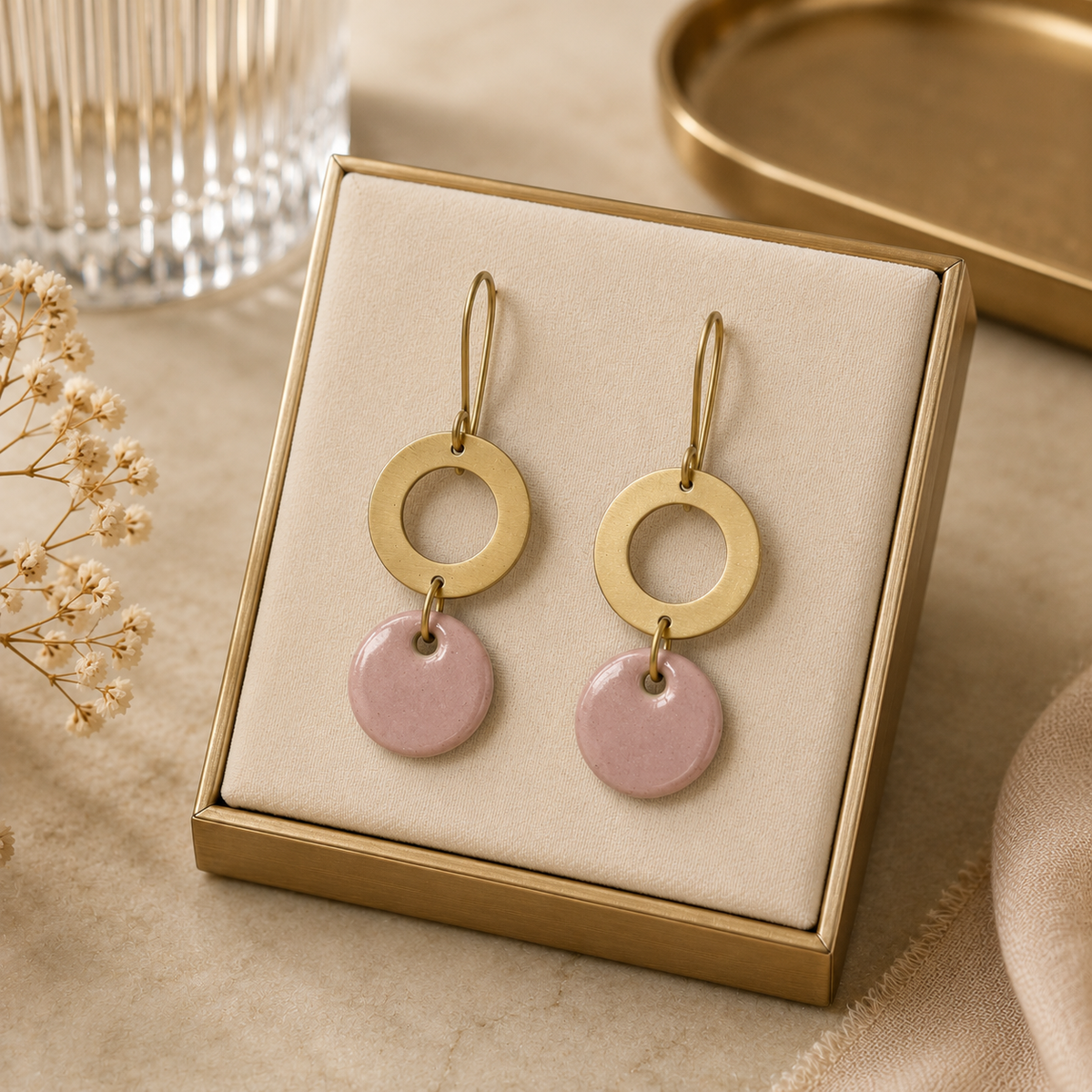 ANUVA Brass Ring & Pink Ceramic Disc Drop Earrings Modern Charm