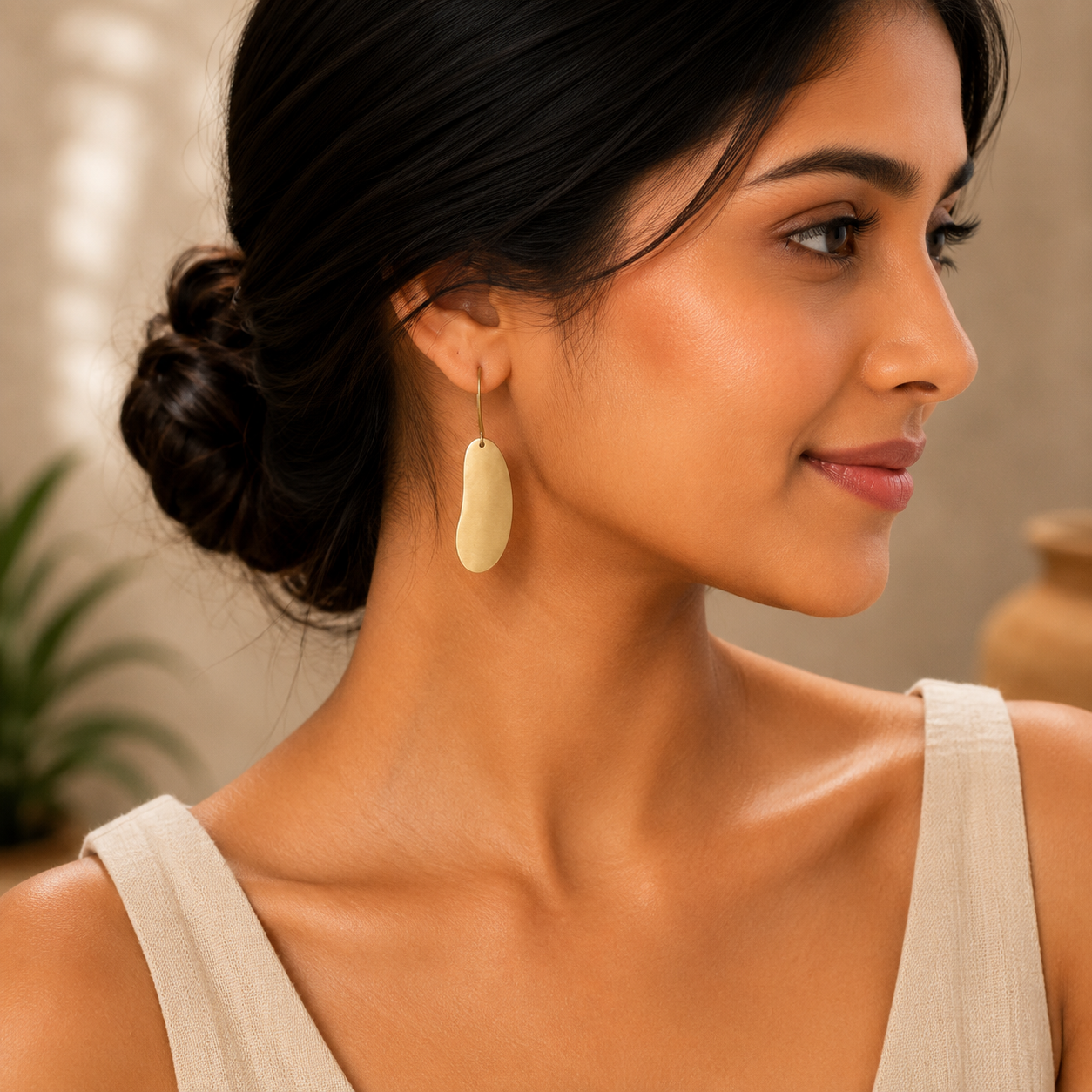ANUVA Brass Organic Bean Drop Earrings Sleek Minimal Handmade