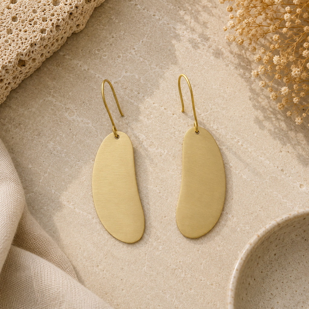 ANUVA Brass Organic Bean Drop Earrings Sleek Minimal Handmade