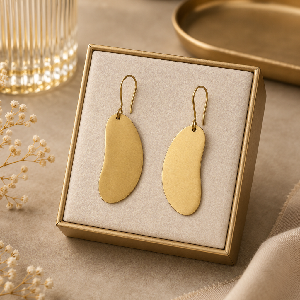 ANUVA Brass Organic Bean Drop Earrings Sleek Minimal Handmade