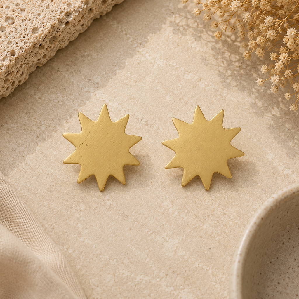ANUVA Brass Starburst Sun Stud Earrings Celestial Statement