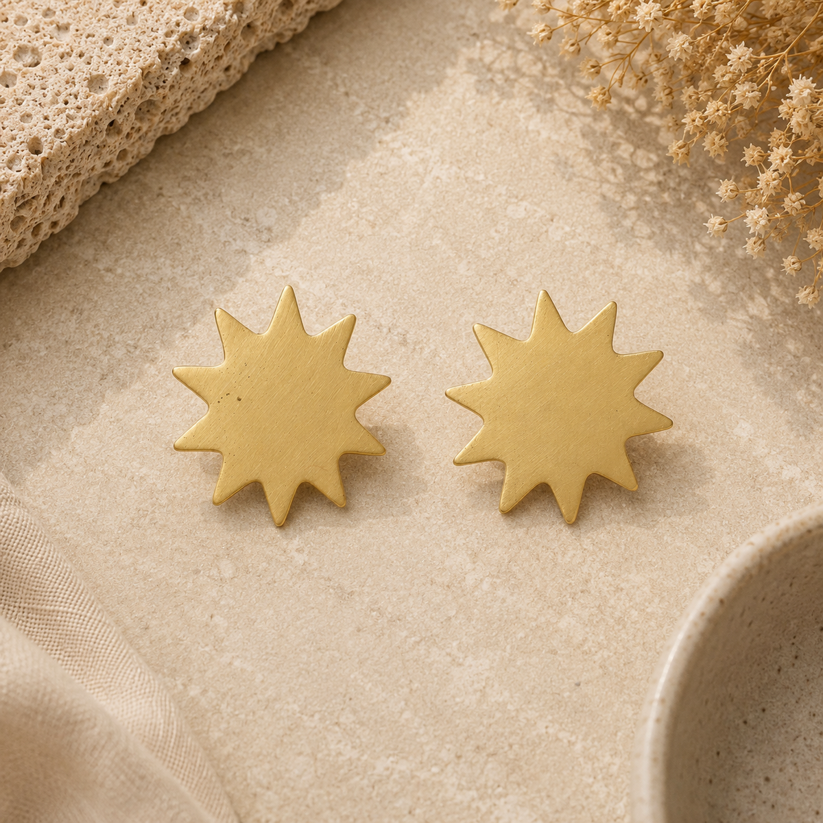 ANUVA Brass Starburst Sun Stud Earrings Celestial Statement