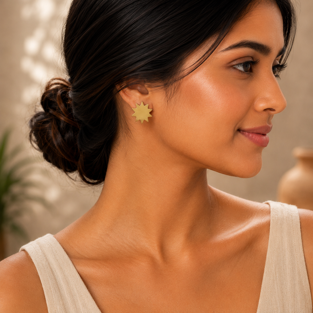 ANUVA Brass Starburst Sun Stud Earrings Celestial Statement
