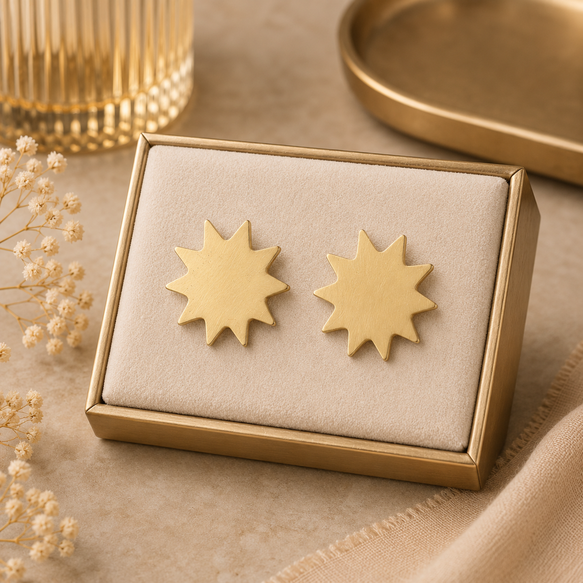 ANUVA Brass Starburst Sun Stud Earrings Celestial Statement