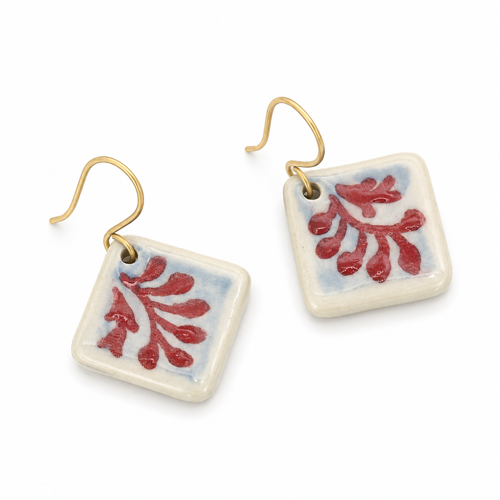 ANUVA Hand-Painted Botanical Ceramic Tile Earrings Artisan