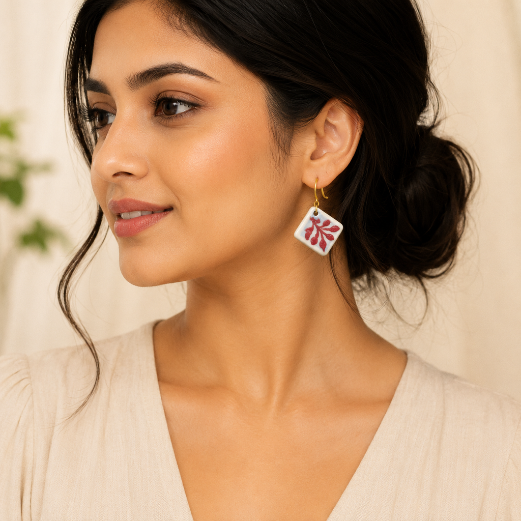 ANUVA Hand-Painted Botanical Ceramic Tile Earrings Artisan