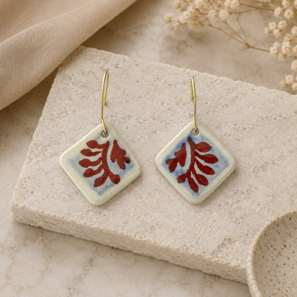 ANUVA Hand-Painted Botanical Ceramic Tile Earrings Artisan