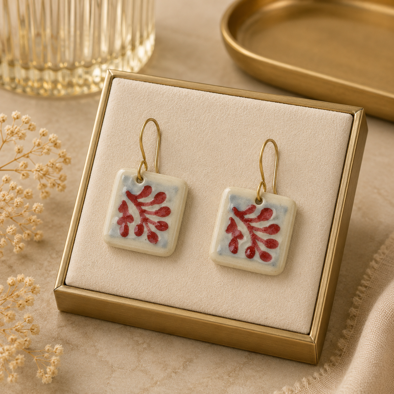 ANUVA Hand-Painted Botanical Ceramic Tile Earrings Artisan