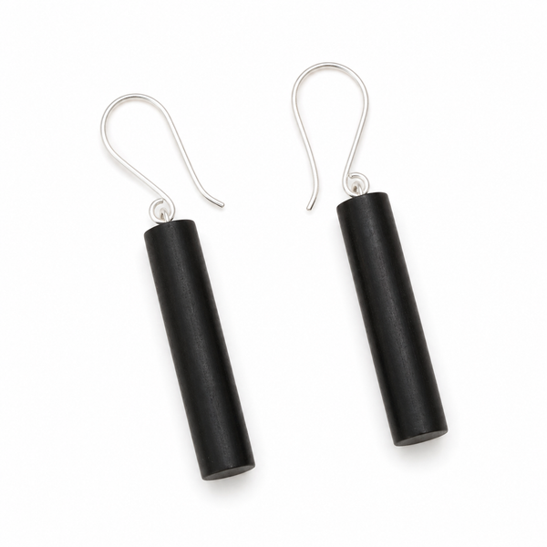 ANUVA Black Ebony Wood Cylinder Drop Earrings Minimal Column