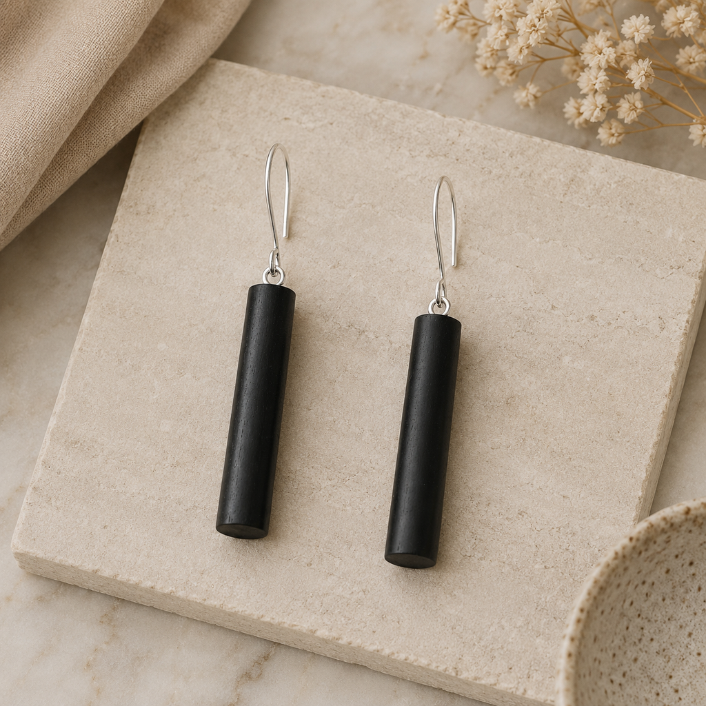 ANUVA Black Ebony Wood Cylinder Drop Earrings Minimal Column