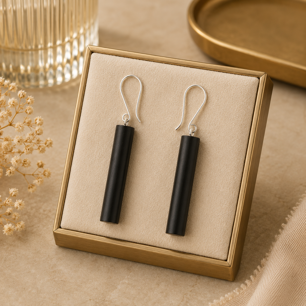 ANUVA Black Ebony Wood Cylinder Drop Earrings Minimal Column